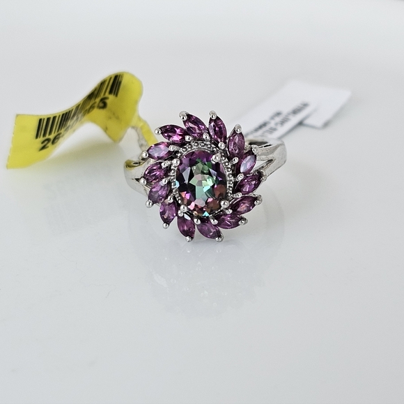 Genuine Mystic Topaz & Rhodolite Garnet Ring Platinum Over Sterling Silver Sz 6 - Picture 3 of 9